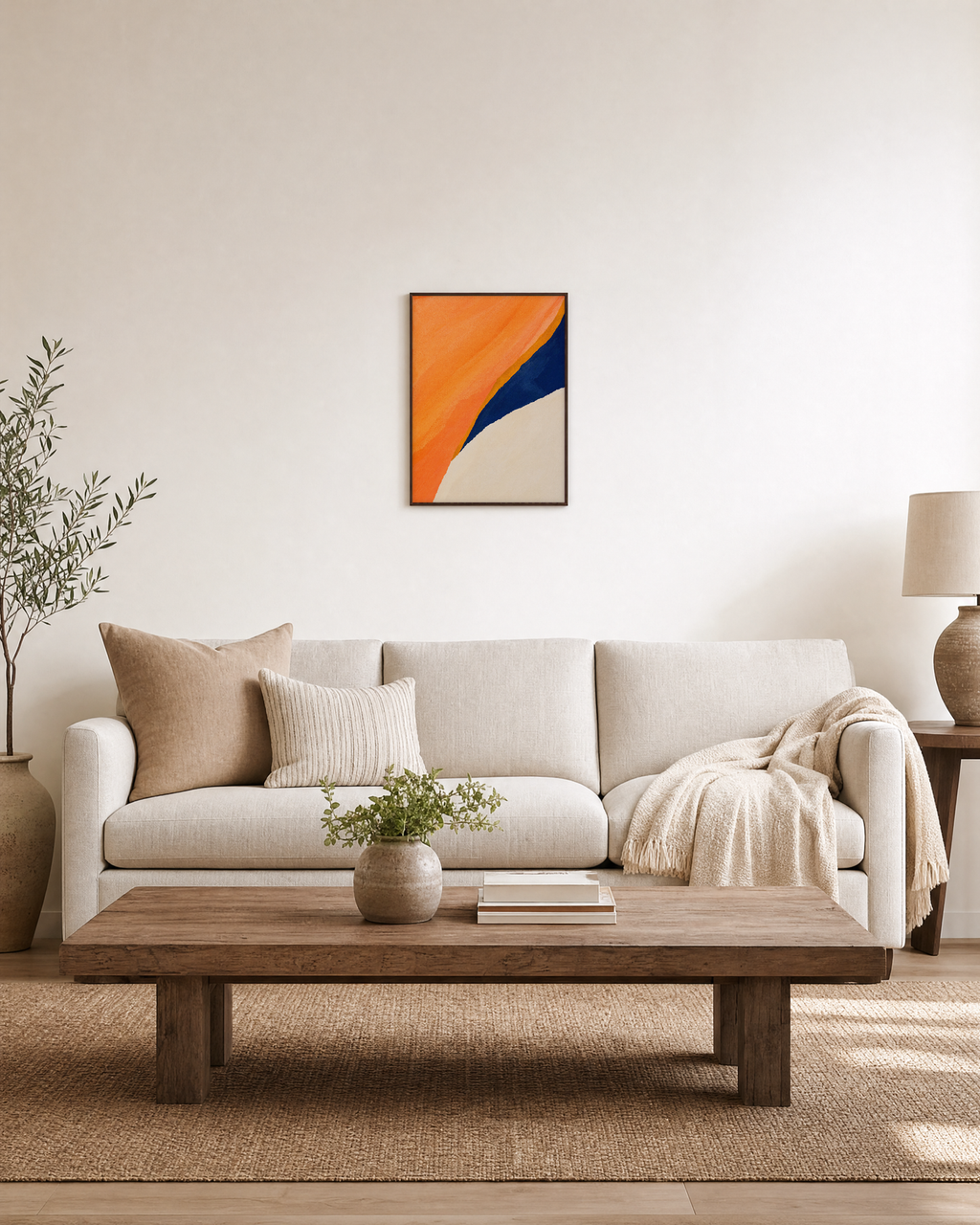 Peach Navy Cut unframed print is shown framed for styling in a living room; frame not included