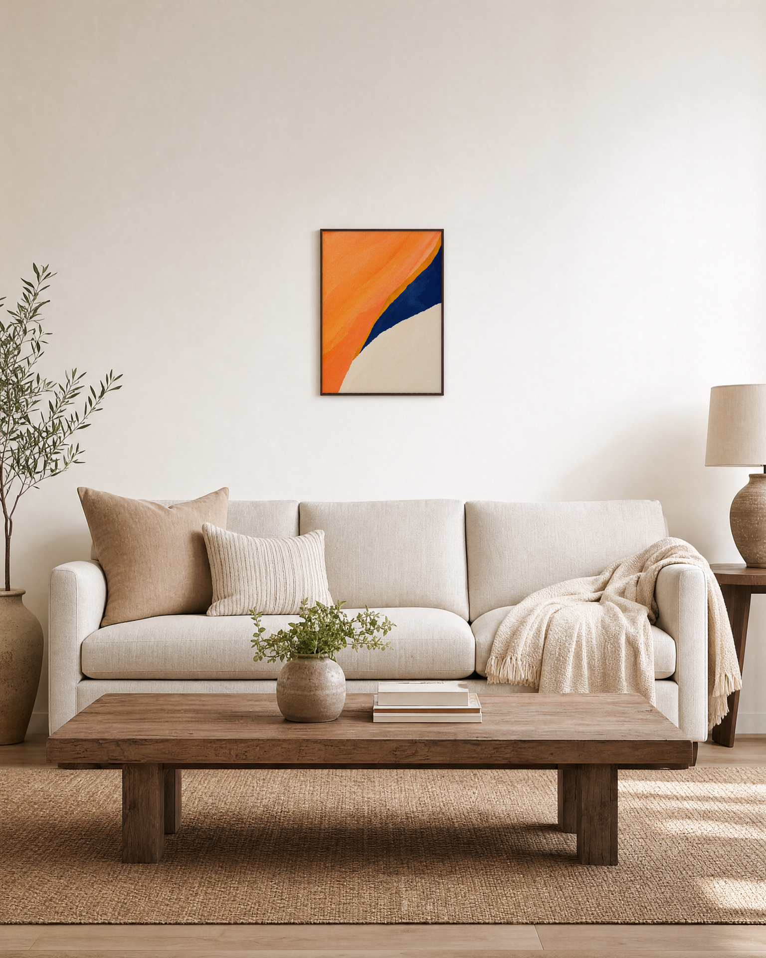 Peach Navy Cut unframed print is shown framed for styling in a living room; frame not included