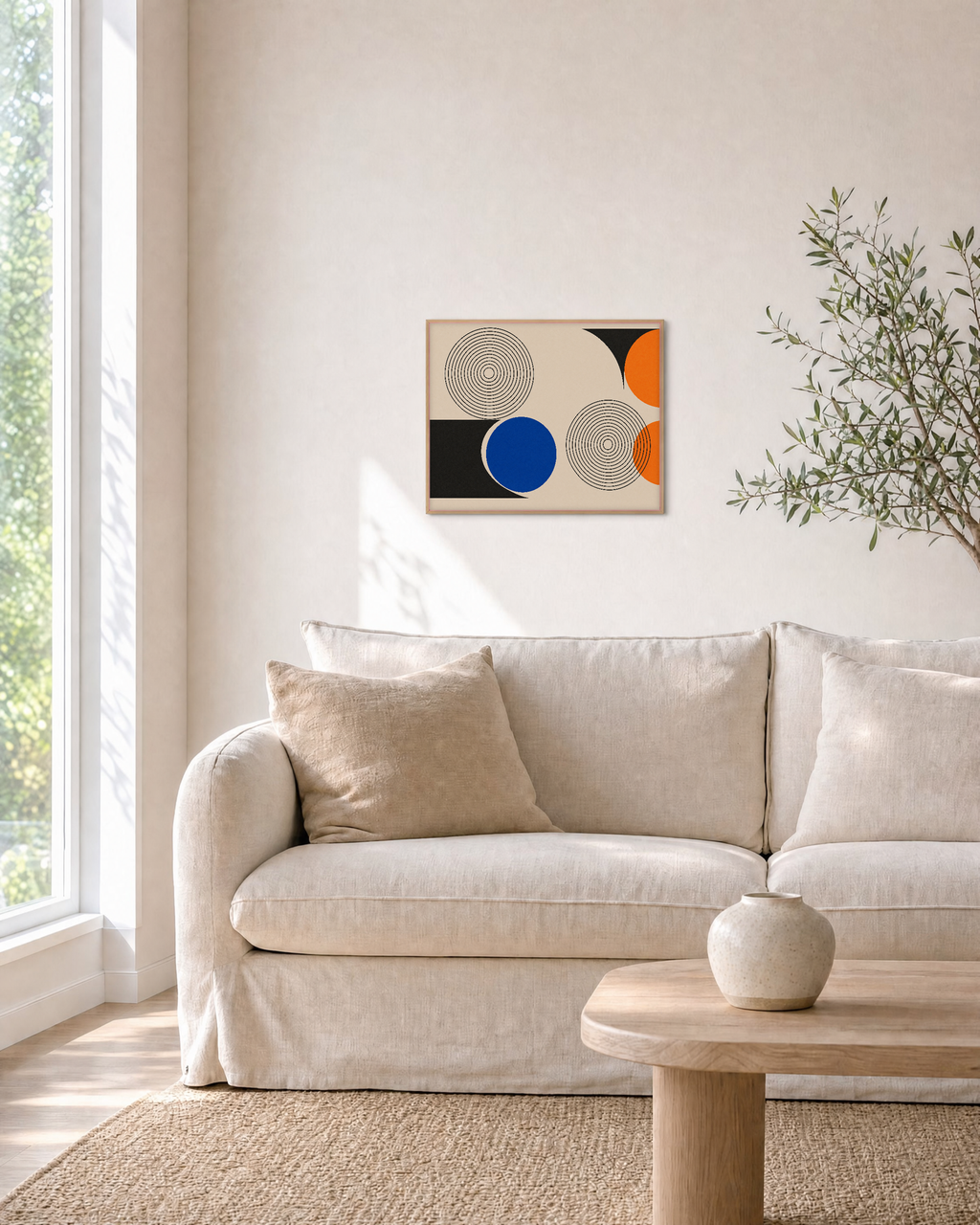 Blue Reply concentric ring wall art: unframed print is shown framed for styling in a living room; frame not included