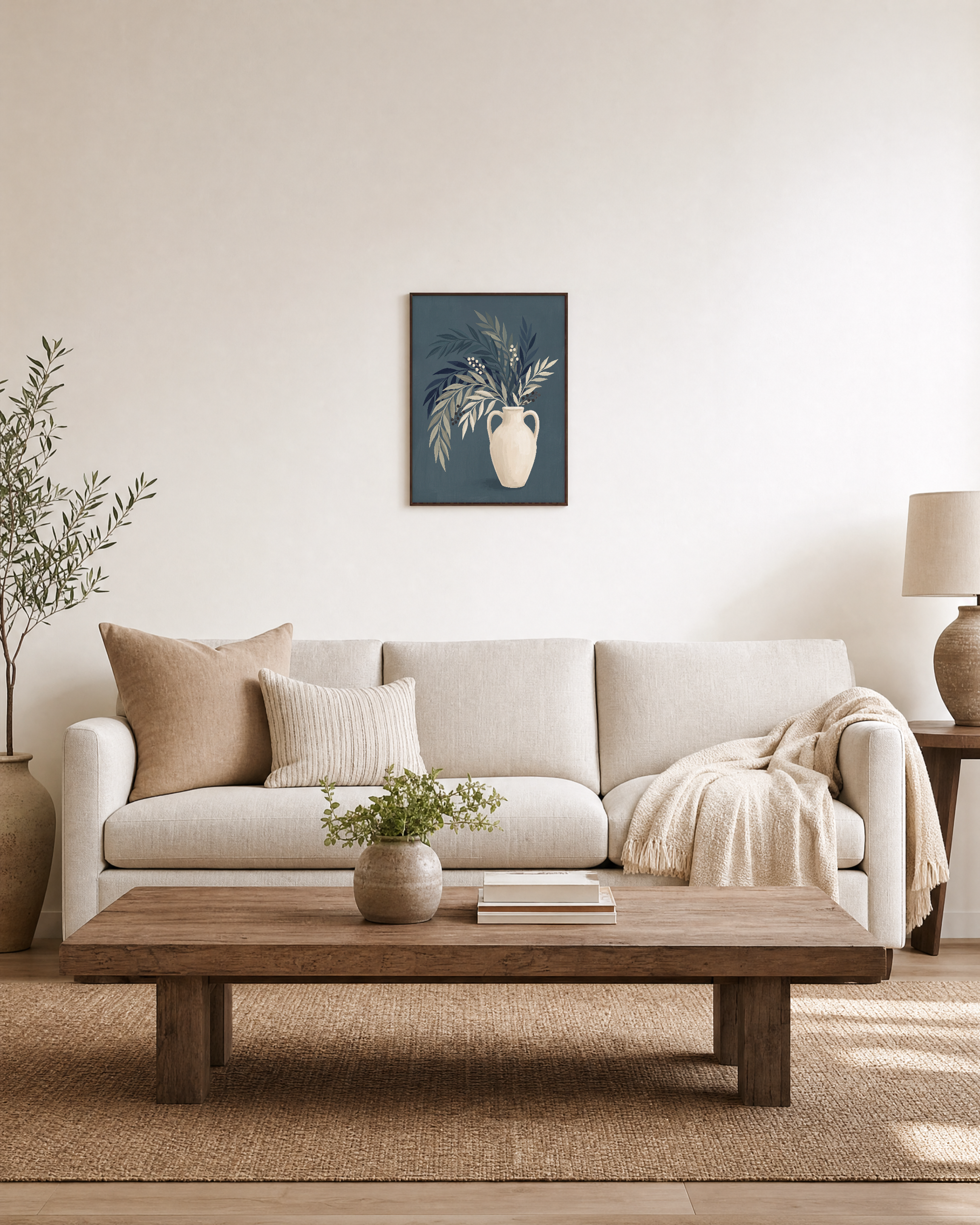 Teal Willow Pitcher unframed print is shown framed for styling in a living room; frame not included