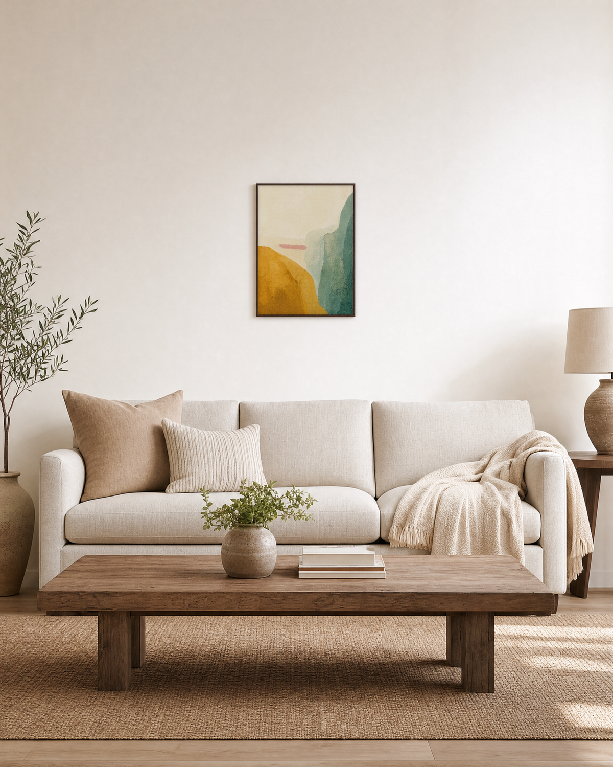 Mustard Hill with Rose Bar mustard yellow abstract wall art print: unframed print is shown framed for styling in a living room; frame not included