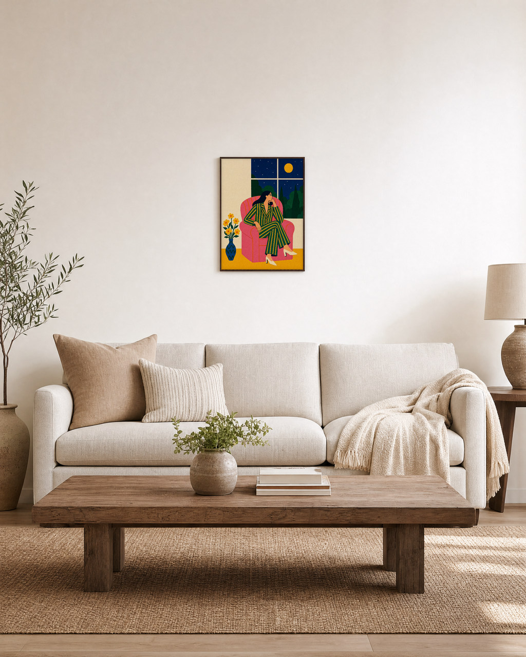 Night Chair striped chair figure print: unframed print is shown framed for styling in a living room; frame not included