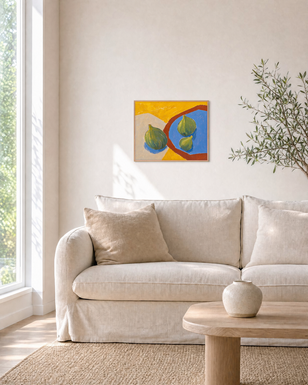 Three Figs Press edition unframed print is shown framed for styling in a living room; Frame not included