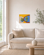 Three Figs Press edition unframed print is shown framed for styling in a living room; Frame not included
