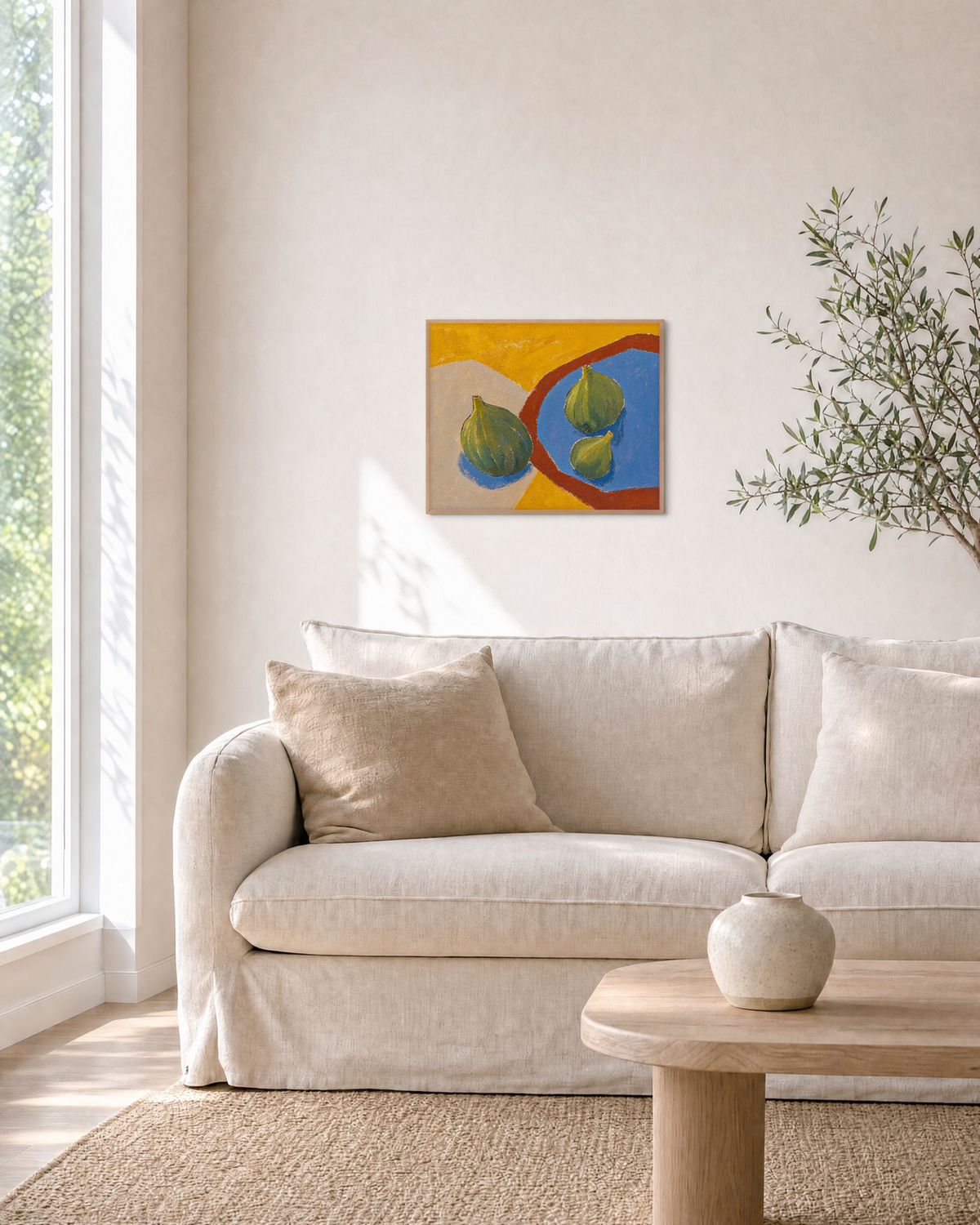 Three Figs on a Plate Edge figs on a blue plate wall art print: unframed print is shown framed for styling in a living room; frame not included