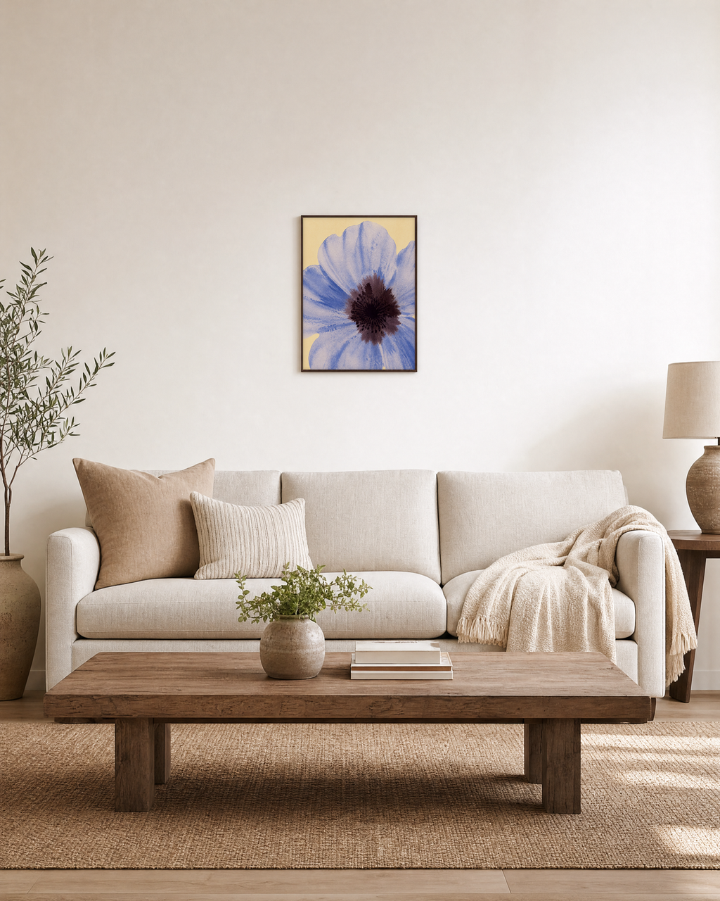 One Poppy Dark Eye unframed print is shown framed for styling in a living room; frame not included