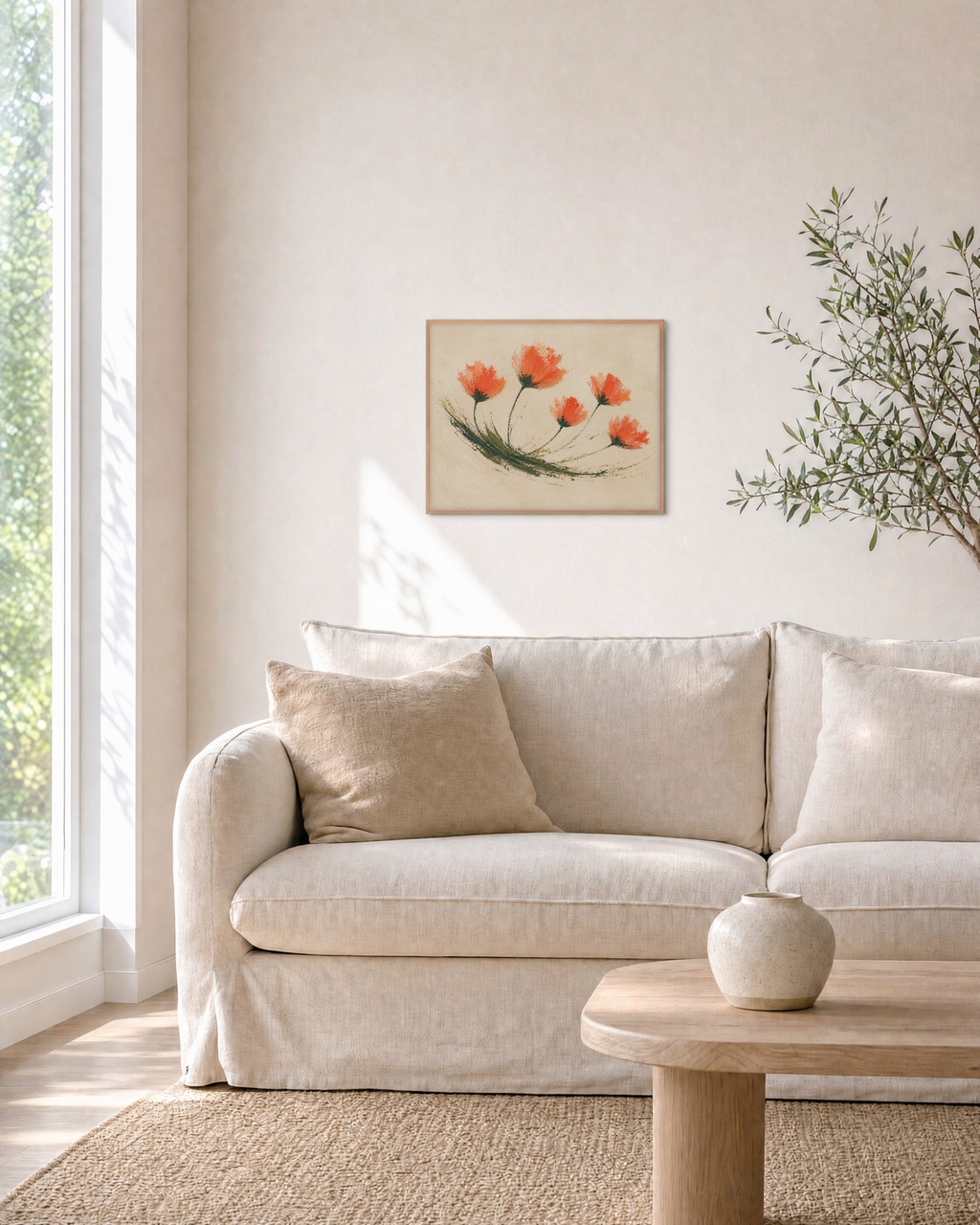 Five O'Clock Blooms coral brush flower wall art: unframed print is shown framed for styling in a living room; frame not included
