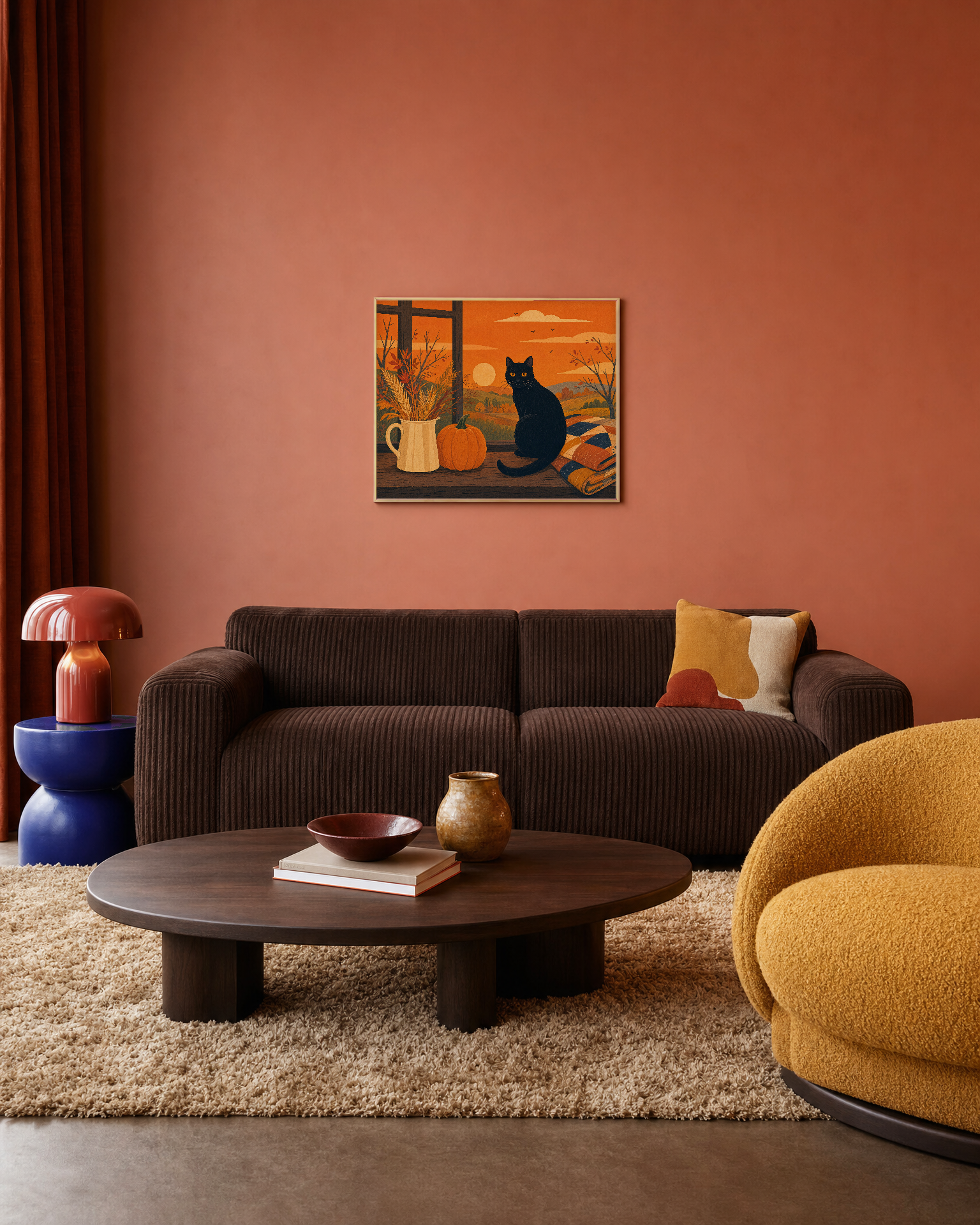 Black Cat Autumn Window unframed print is shown framed for styling in an ochre living room; frame not included