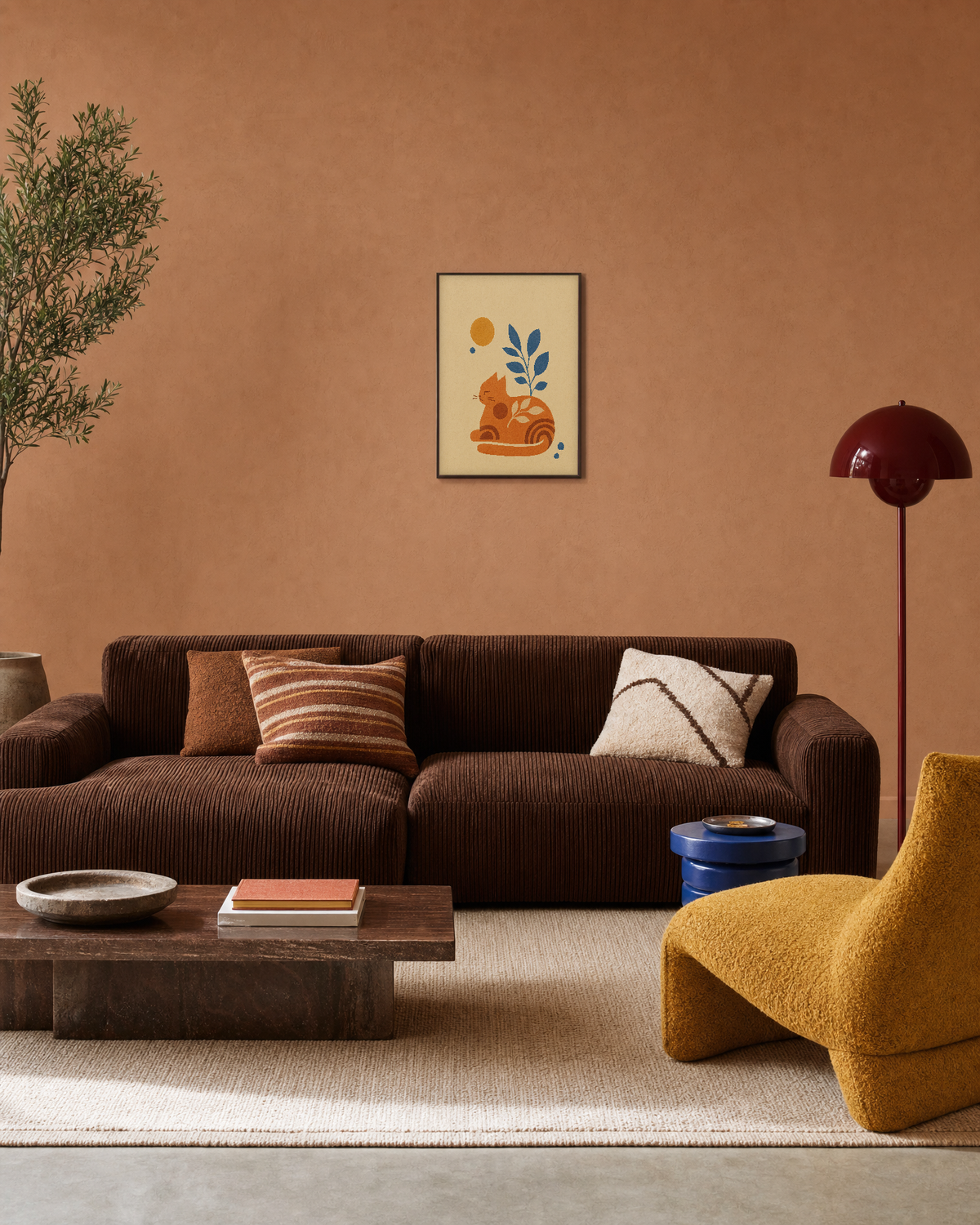 Ochre Sitting Cat unframed print is shown framed for styling in an ochre living room; frame not included