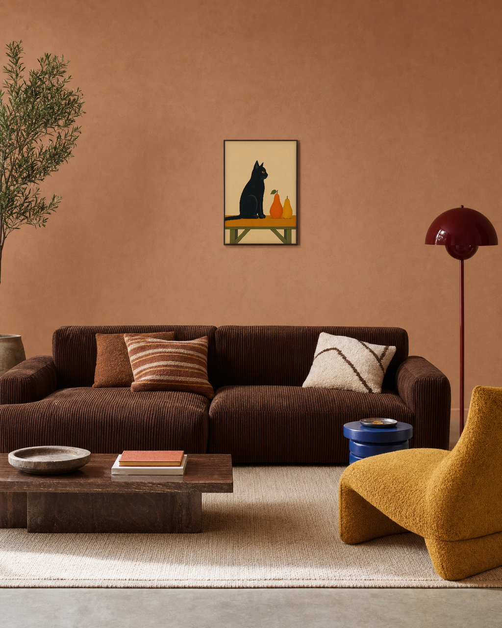Cat on Harvest Bench unframed print is shown framed for styling in an ochre living room; frame not included