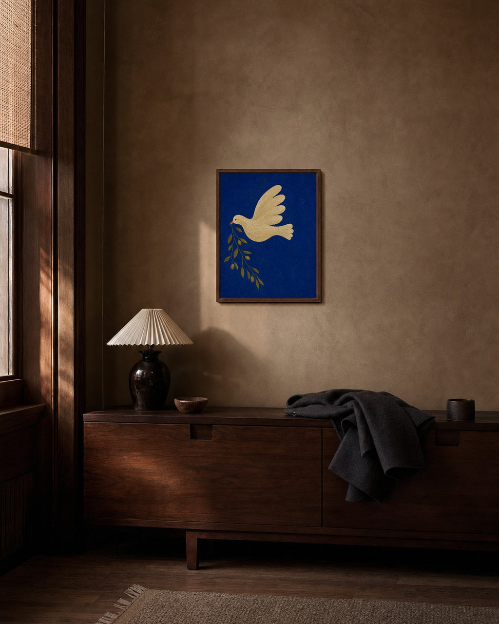 Courier Dove blue art print shown framed above a dark walnut credenza; frame not included