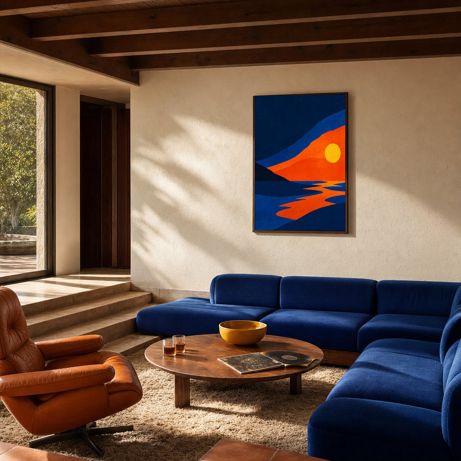 Dark Land Wedge at Sunset abstract sunset wall art: unframed print is shown framed for styling in a 1970s sunken conversation living room; frame not included