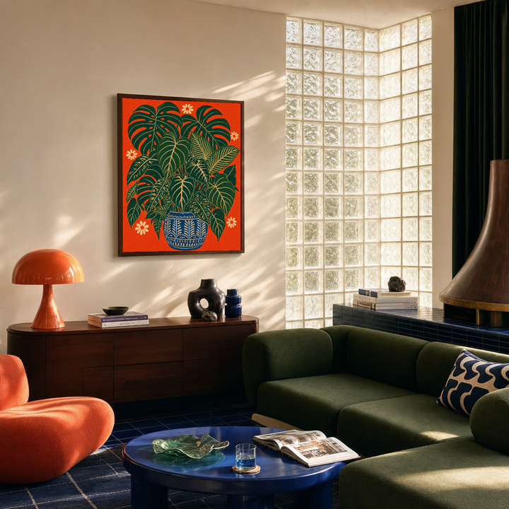 Potted Fans blue pot leaf wall art: unframed print is shown framed for styling in a 1970s urban sunroom; frame not included