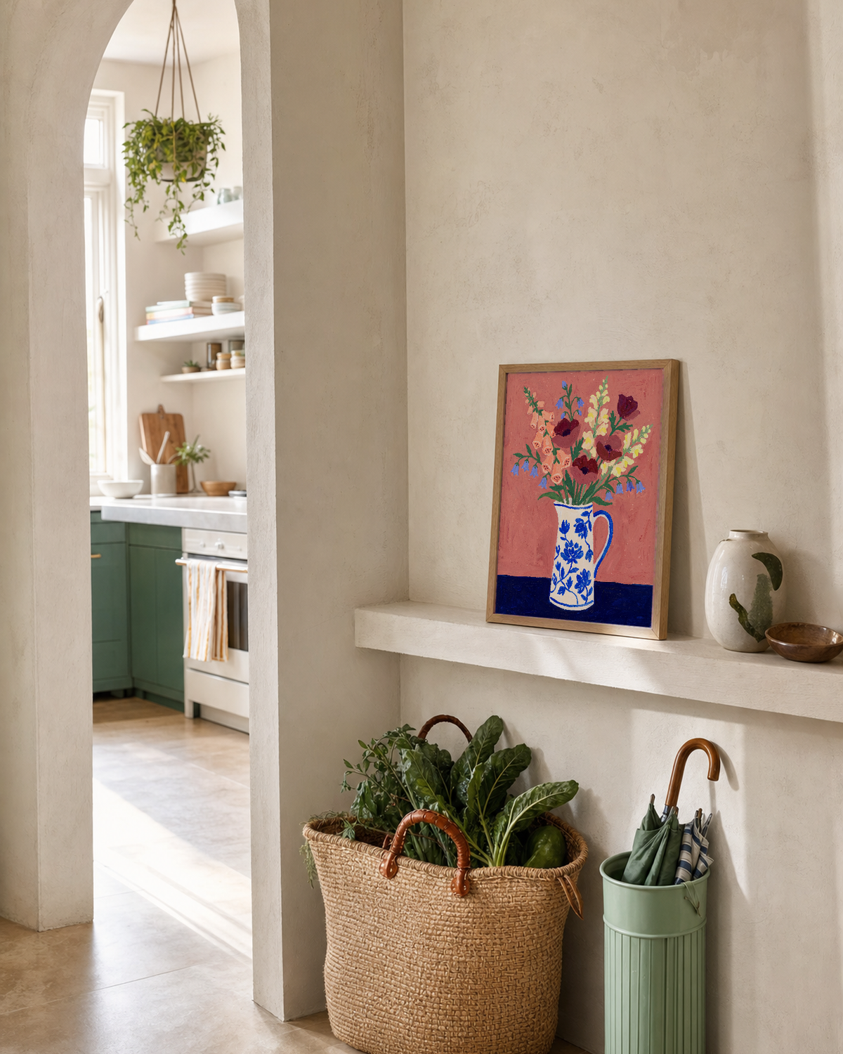 Cobalt Vase with Mixed Blooms terracotta floral wall art print: unframed print is shown framed for styling in an apartment hallway; frame not included