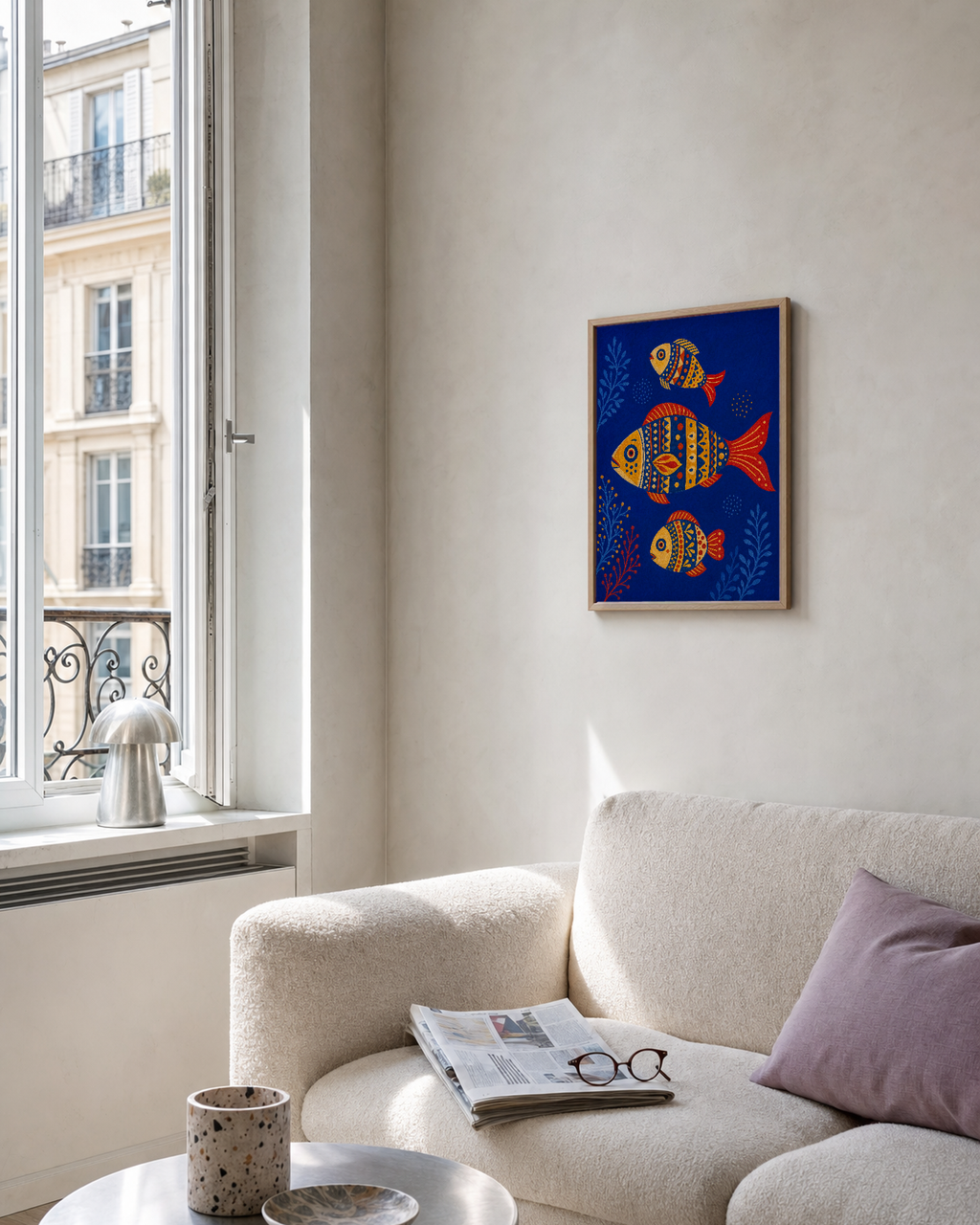 Three Folk Fish unframed print is shown framed for styling in a big-window city living room; frame not included