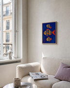 Three Folk Fish unframed print is shown framed for styling in a big-window city living room; frame not included