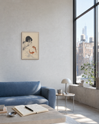 Ink Cat and Koi unframed print is shown framed for styling in a big-window city living room; frame not included
