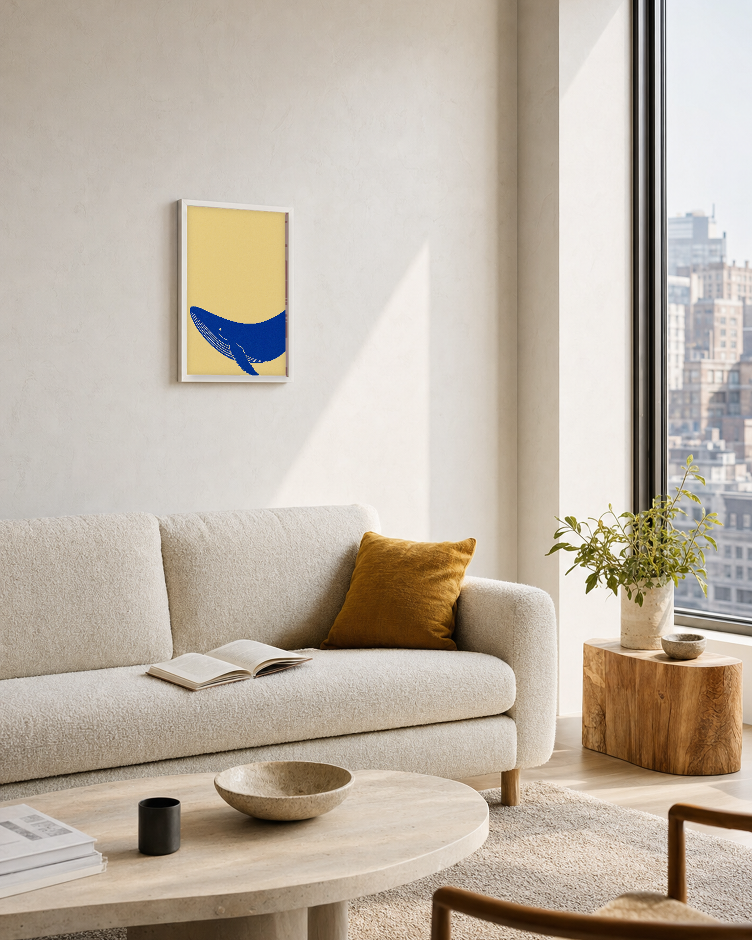 One Blue Whale Arc unframed print is shown framed for styling in a big-window city living; frame not included