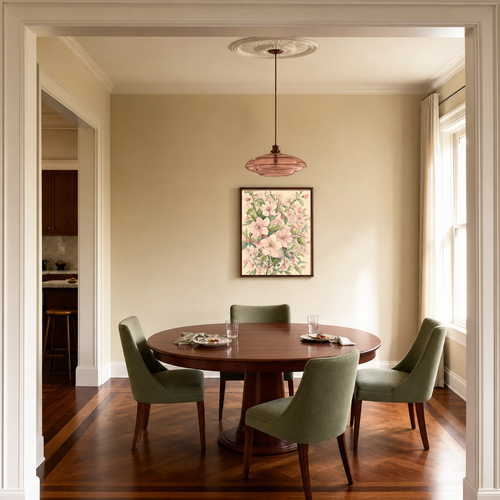 Blossom Spray pale blossom wall art: unframed print is shown framed for styling in a cherrywood dining room; frame not included