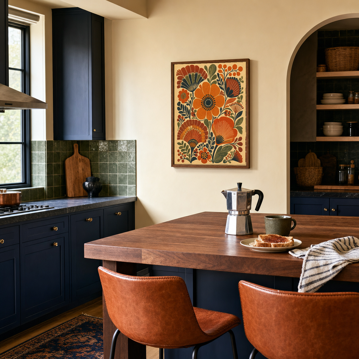The Garden Fan burnt orange folk flower wall art: unframed print is shown framed for styling in a graphic navy kitchen; frame not included