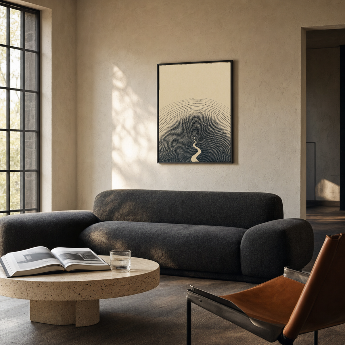 Charcoal Hill Rings from Path topographic line print: unframed print is shown framed for styling in a limewash and black steel living room; frame not included