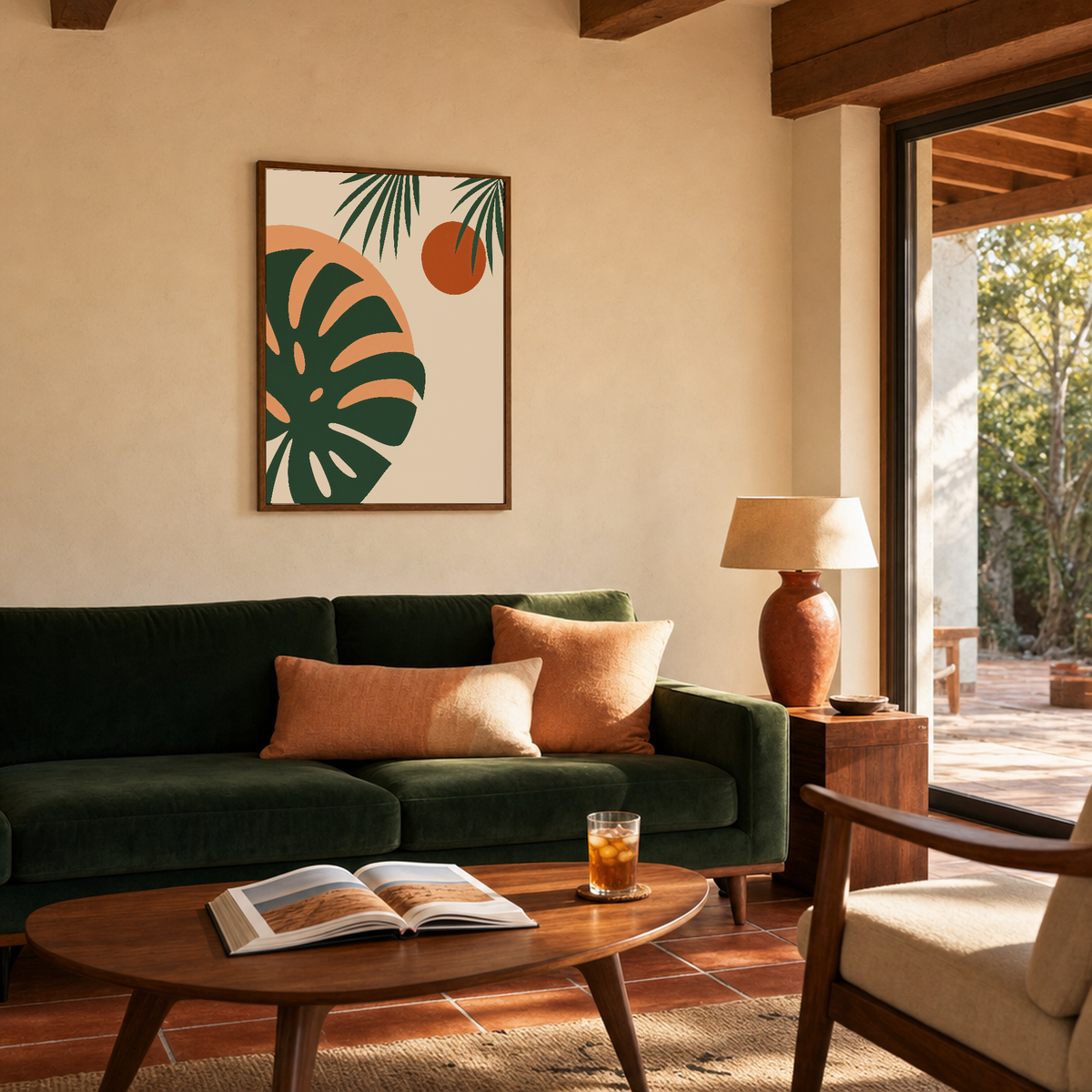The Second Light monstera print: unframed print is shown framed for styling in a mid century terracotta floor living room; frame not included