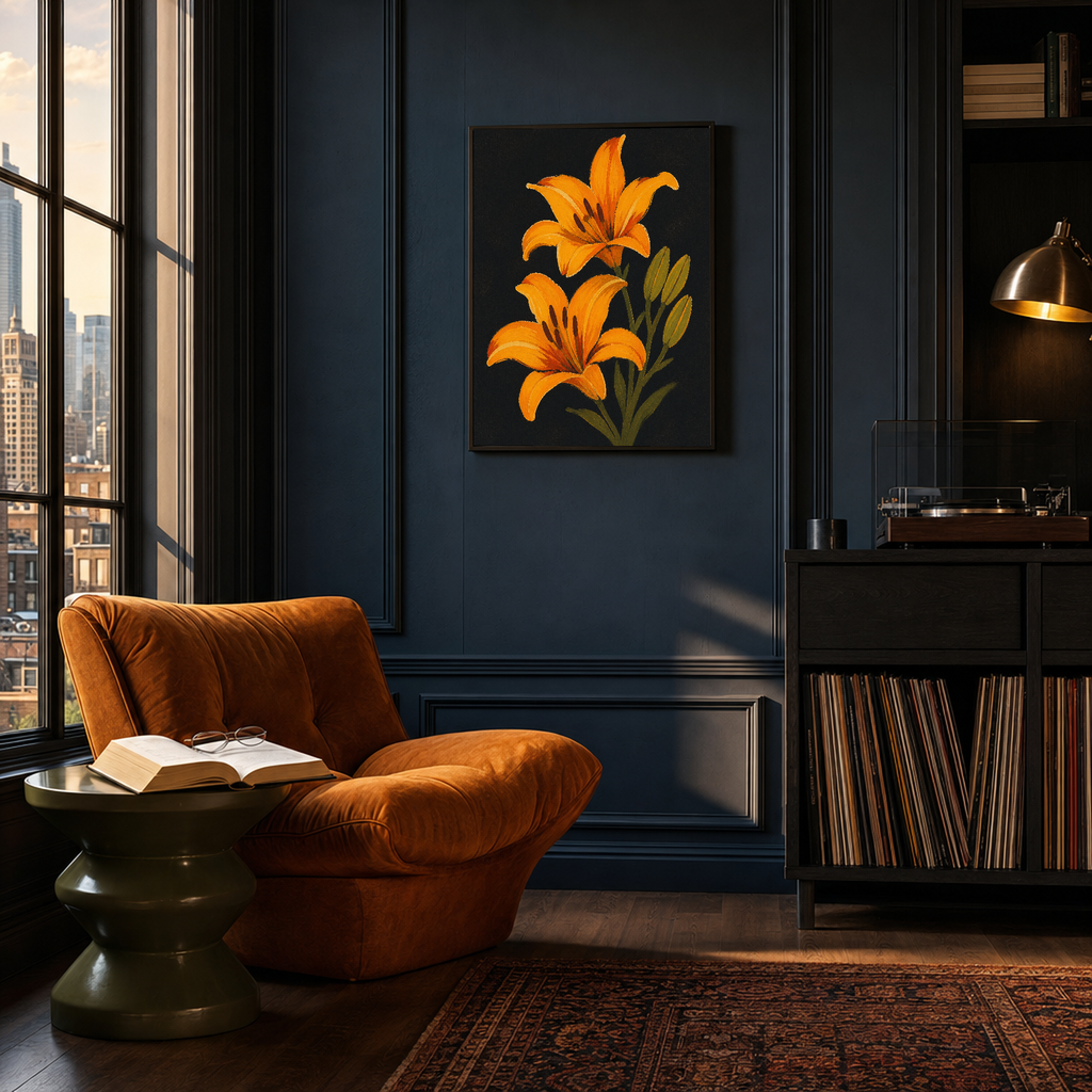 Night Lilies orange lily wall art: unframed print is shown framed for styling in a moody music library; frame not included