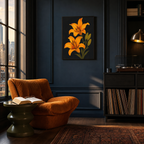 Night Lilies orange lily wall art: unframed print is shown framed for styling in a moody music library; frame not included