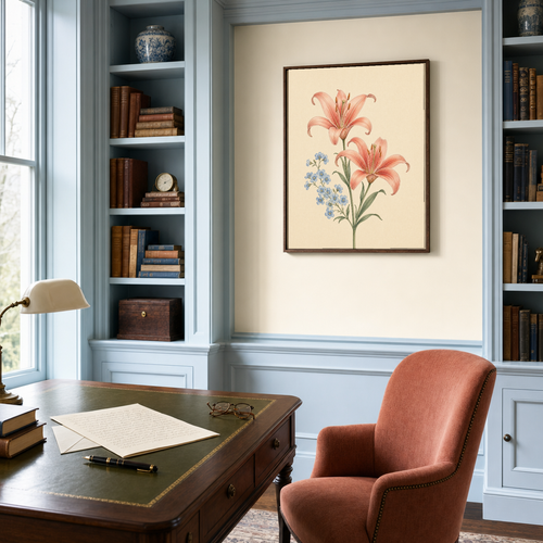Blue Bloom Chaperone coral lily spray wall art: unframed print is shown framed for styling in a powder blue writing room; frame not included