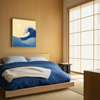 Indigo Wave and Cream Sun abstract wave wall art: unframed print is shown framed for styling in a quiet japanese modern bedroom; frame not included