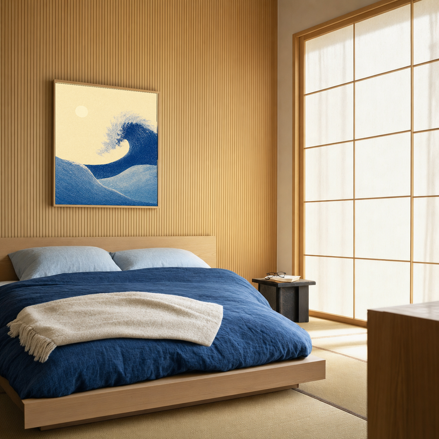 Indigo Wave and Cream Sun abstract wave wall art: unframed print is shown framed for styling in a quiet japanese modern bedroom; frame not included