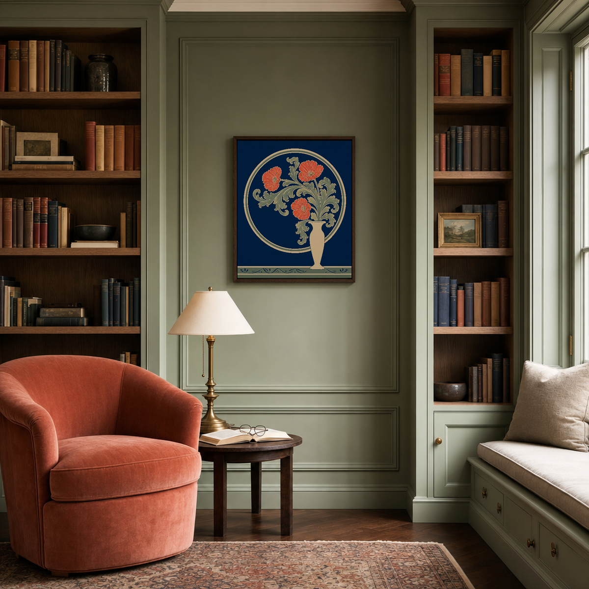 Night Garden vintage floral wall art: unframed print is shown framed for styling in a sage panelled home library; frame not included