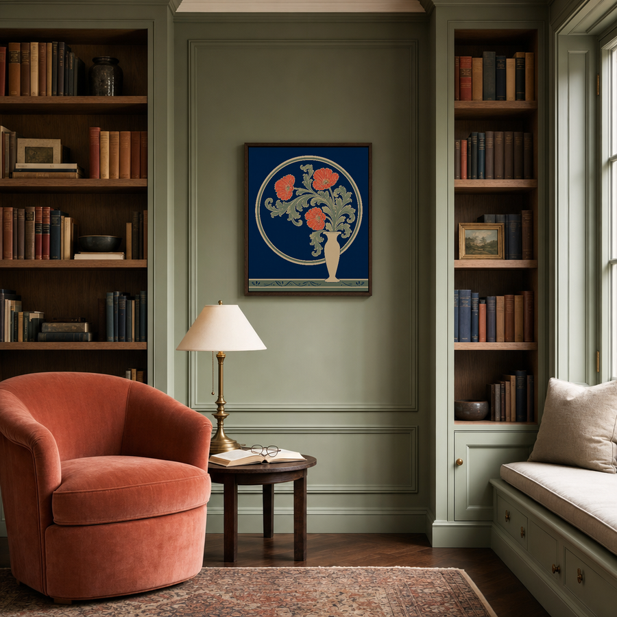 Night Garden vintage floral wall art: unframed print is shown framed for styling in a sage panelled home library; frame not included