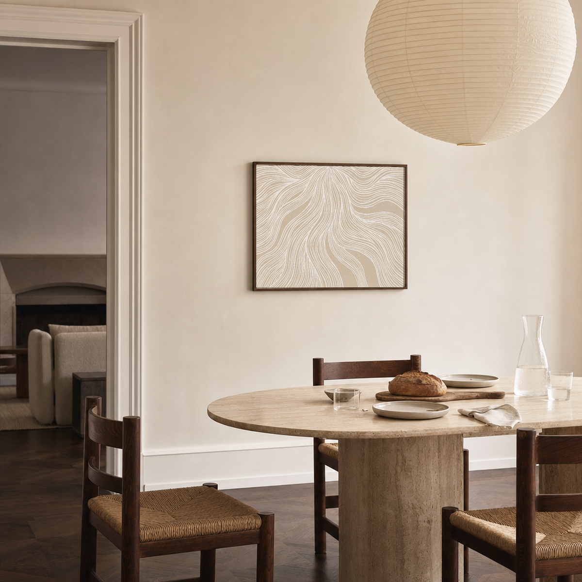Cream Veins Across Beige Field beige line art print: unframed print is shown framed for styling in a travertine table dining room; frame not included