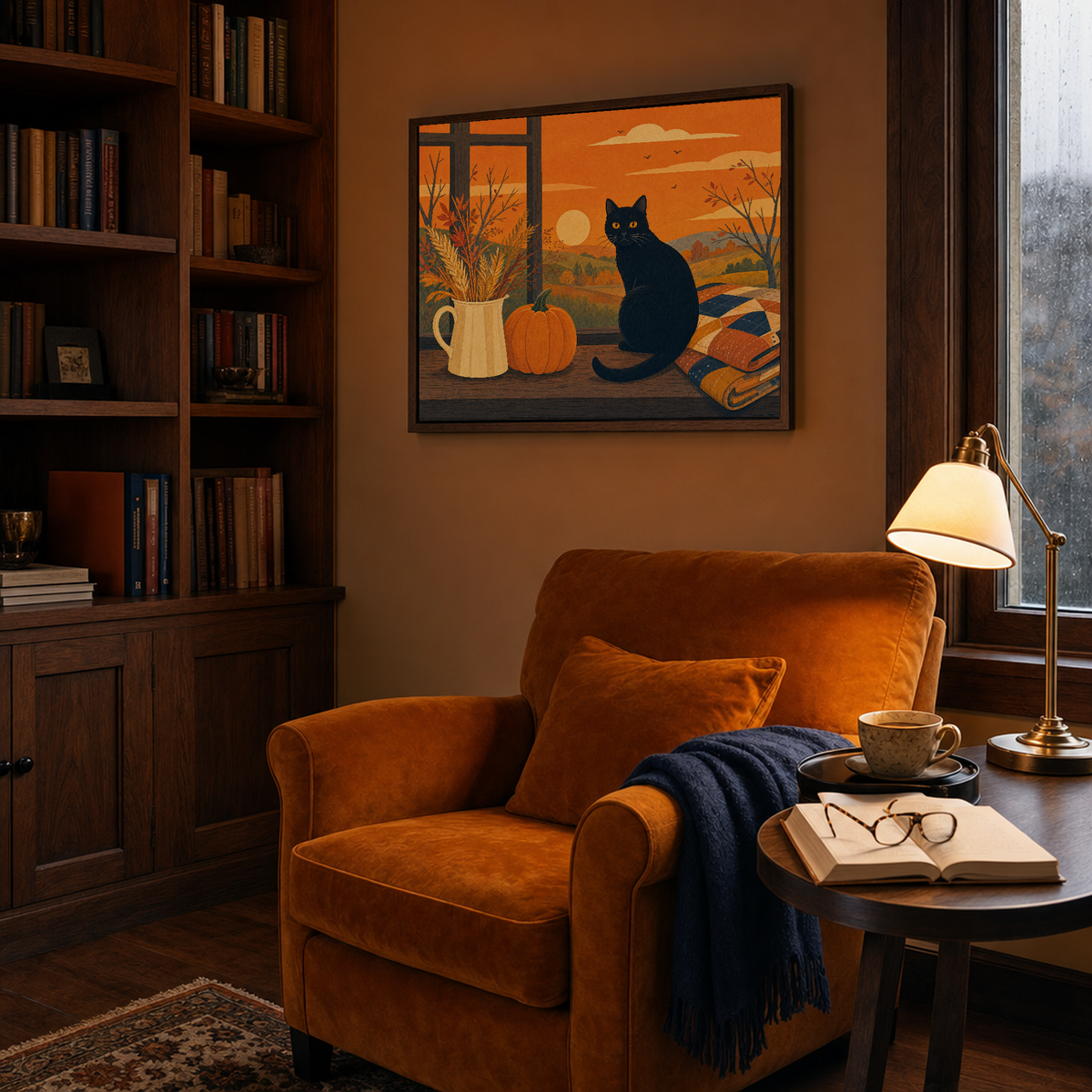 October Cat autumn cat print: unframed print is shown framed for styling in a walnut bookcase reading corner; frame not included