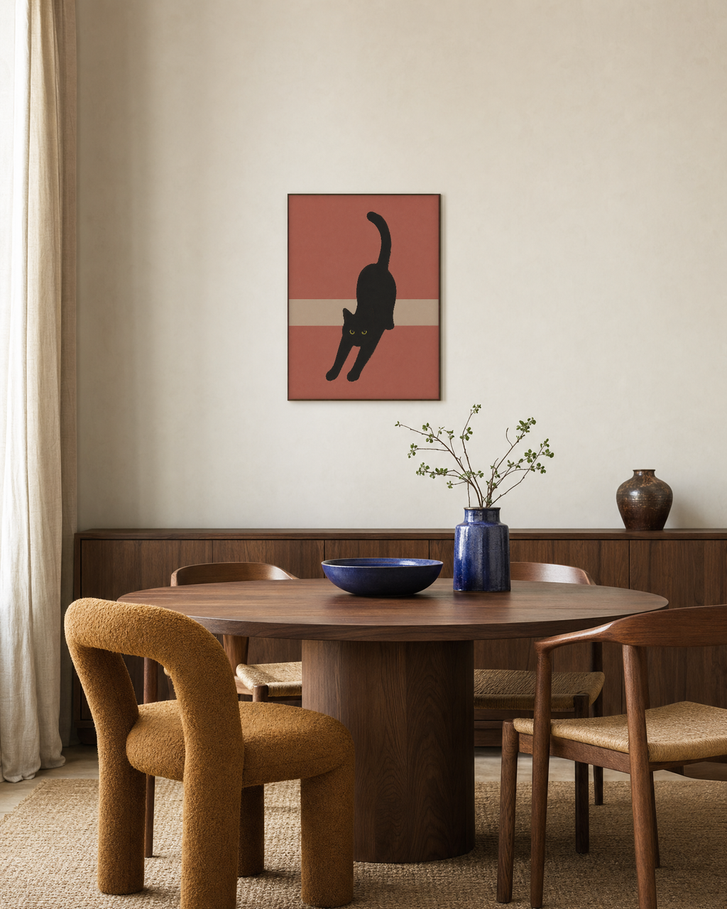 After Nap Cat stretching black cat print: unframed print is shown framed for styling in a dining room; frame not included