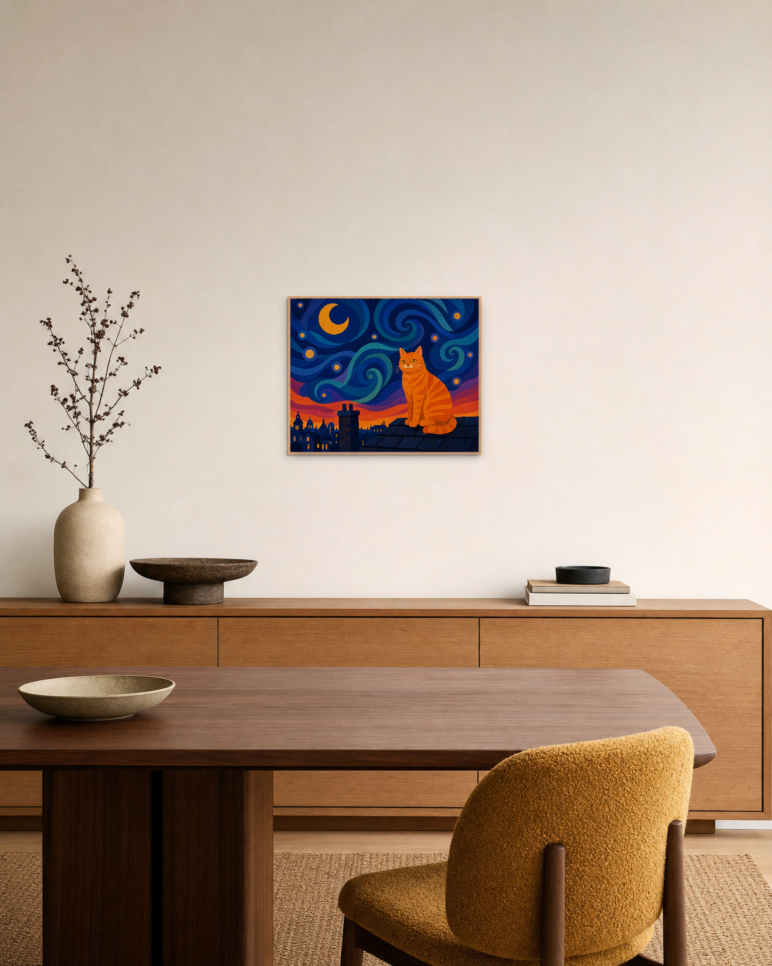 Orange Cat Night Swirl unframed print is shown framed for styling in a dining room; frame not included