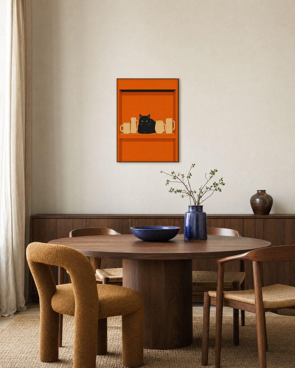 One Loaf Cat Four Mugs unframed print is shown framed for styling in a dining room; frame not included