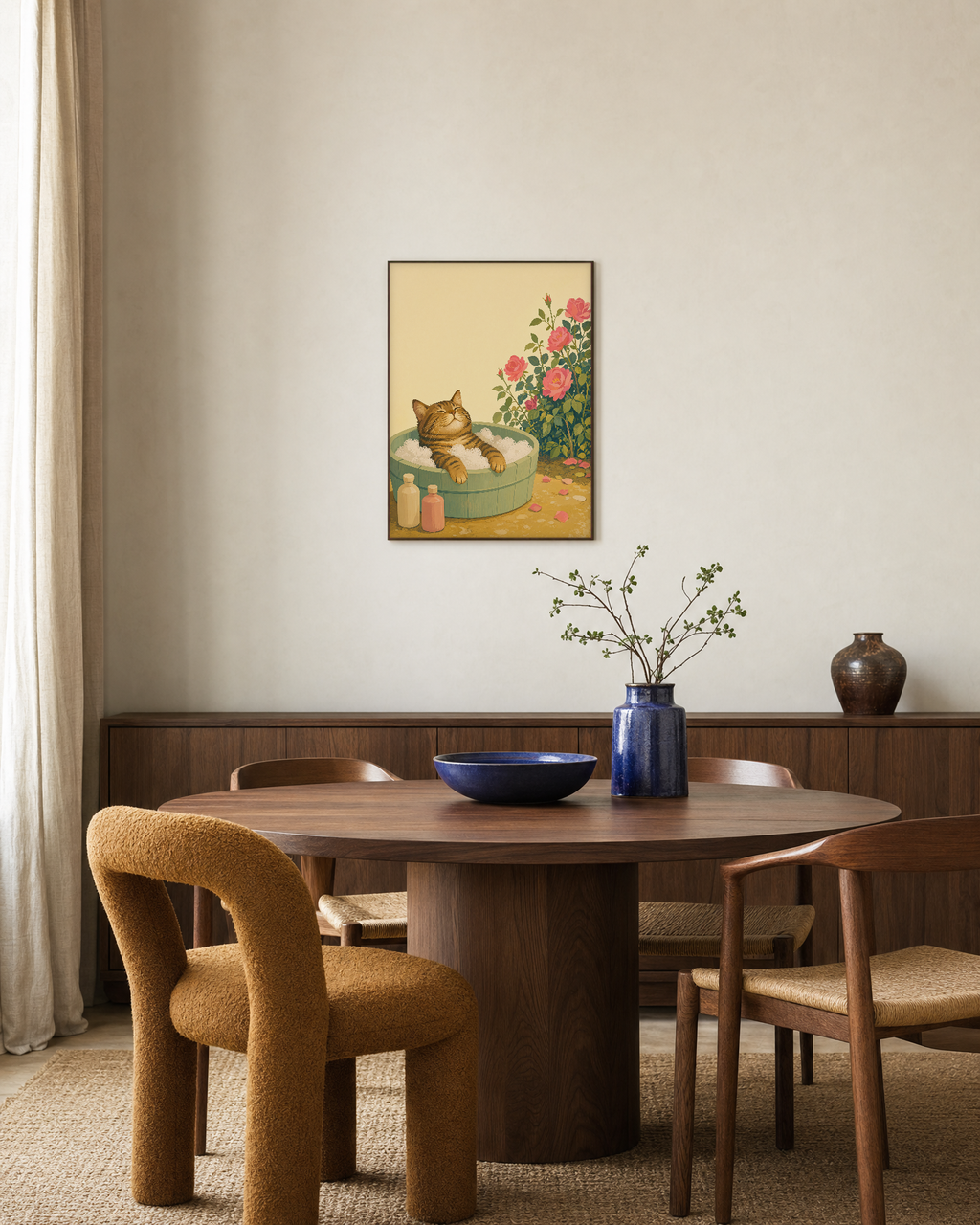 Tabby Bubble Bath unframed print is shown framed for styling in a dining room; frame not included