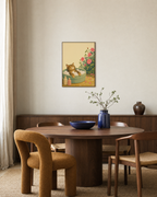 Tabby Bubble Bath unframed print is shown framed for styling in a dining room; frame not included
