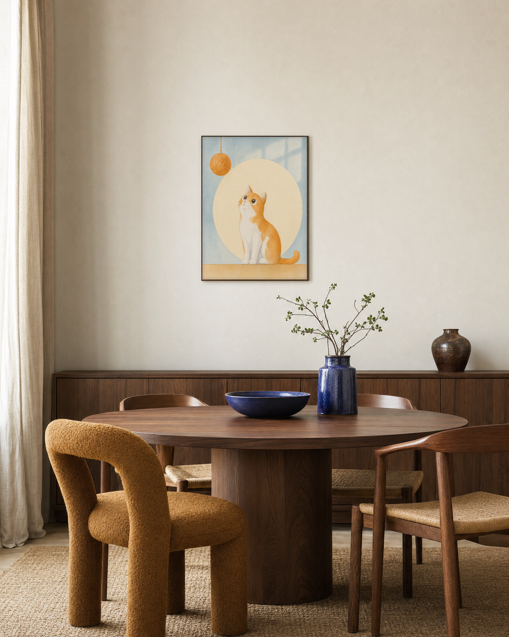 Orange Cat Yarn Drop unframed print is shown framed for styling in a dining room; frame not included