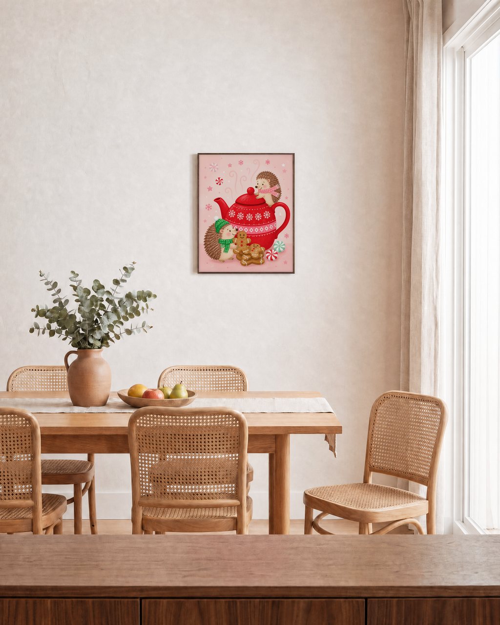 Teatime Hedgehogs hedgehog teapot print: unframed print is shown framed for styling in a dining room; frame not included