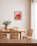 Teatime Hedgehogs hedgehog teapot print: unframed print is shown framed for styling in a dining room; frame not included