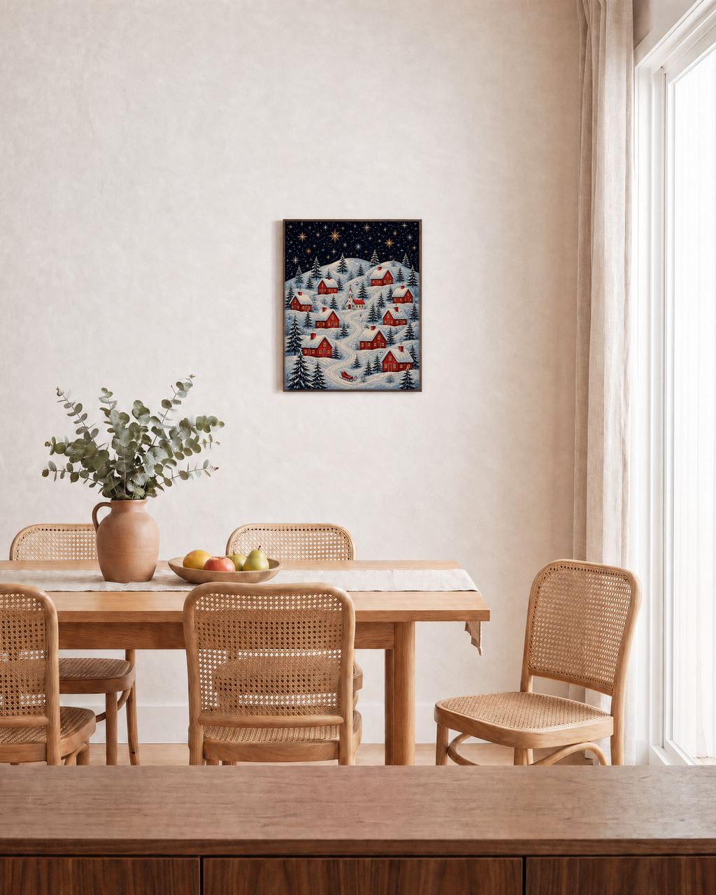 Hill After Dark hillside village print: unframed print is shown framed for styling in a dining room; frame not included
