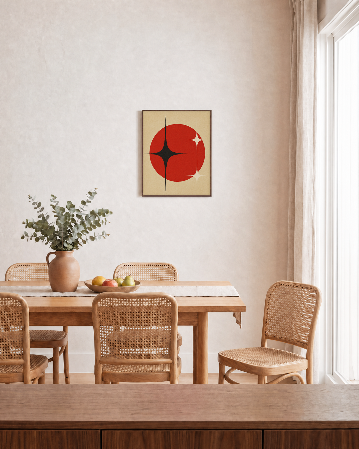 Atomic Signal red atomic spark wall art: unframed print is shown framed for styling in a dining room; frame not included