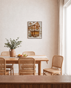 Corner Café cafe wall art: unframed print is shown framed for styling in a dining room; frame not included