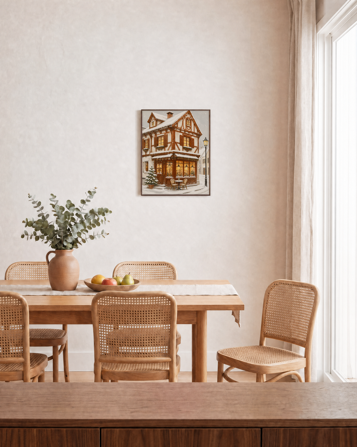 Corner Café cafe wall art: unframed print is shown framed for styling in a dining room; frame not included