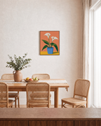 Calla Pair calla lily wall art: unframed print is shown framed for styling in a dining room; frame not included