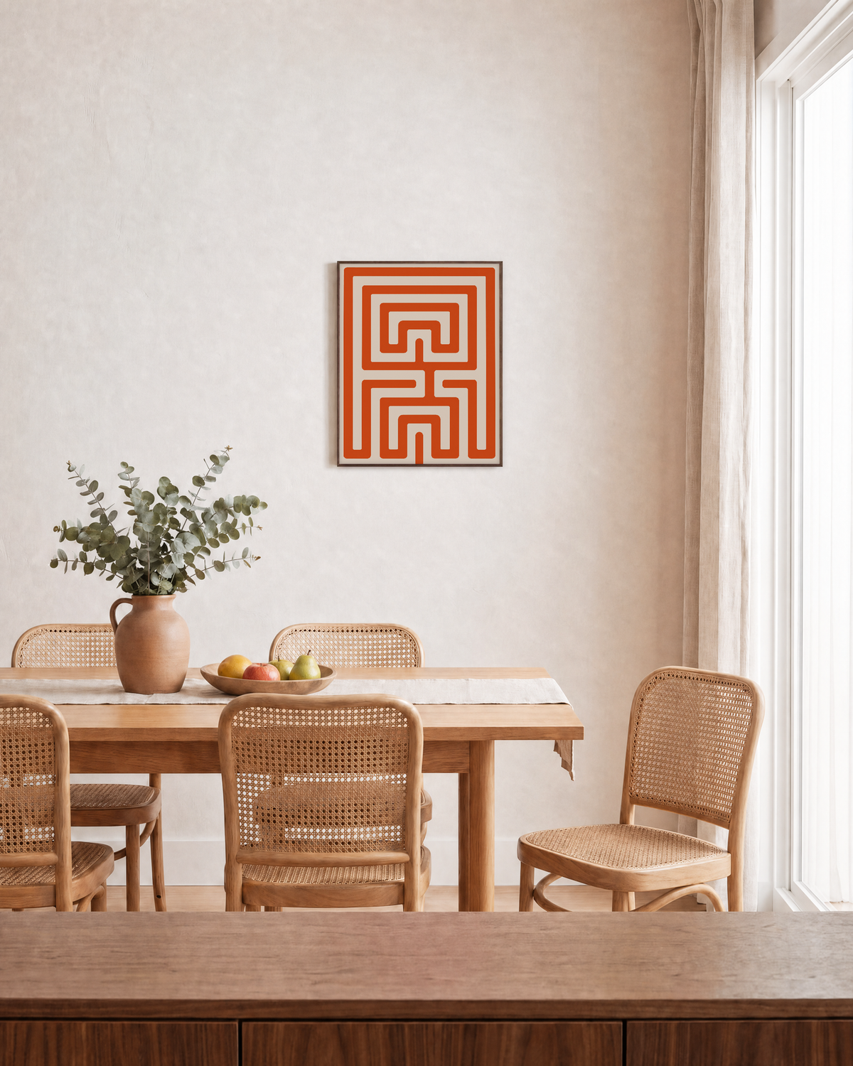 Maze Hour orange maze wall art: unframed print is shown framed for styling in a dining room; frame not included