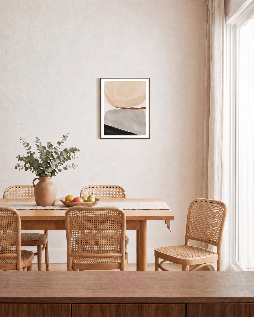 Layered Soft Planes unframed print is shown framed for styling in a dining room; frame not included